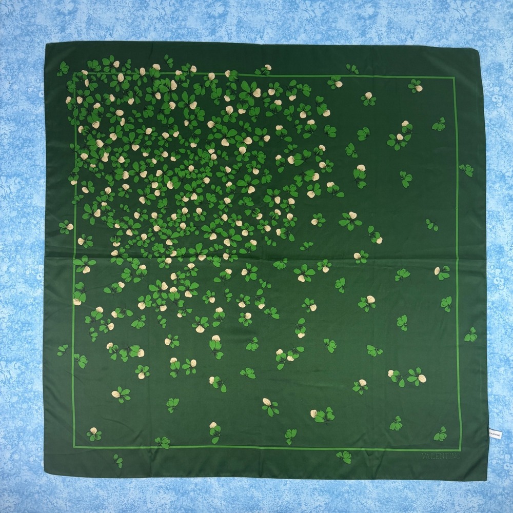 Vintage Valentino Garavani Silk Scarf Green Clover Floral Print Square 36x36